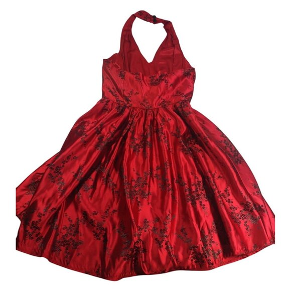 Y2K Red Halter Midi Gothic Satin Valentine's Day Prom Floral Jacquard Dress - L - Picture 7 of 16